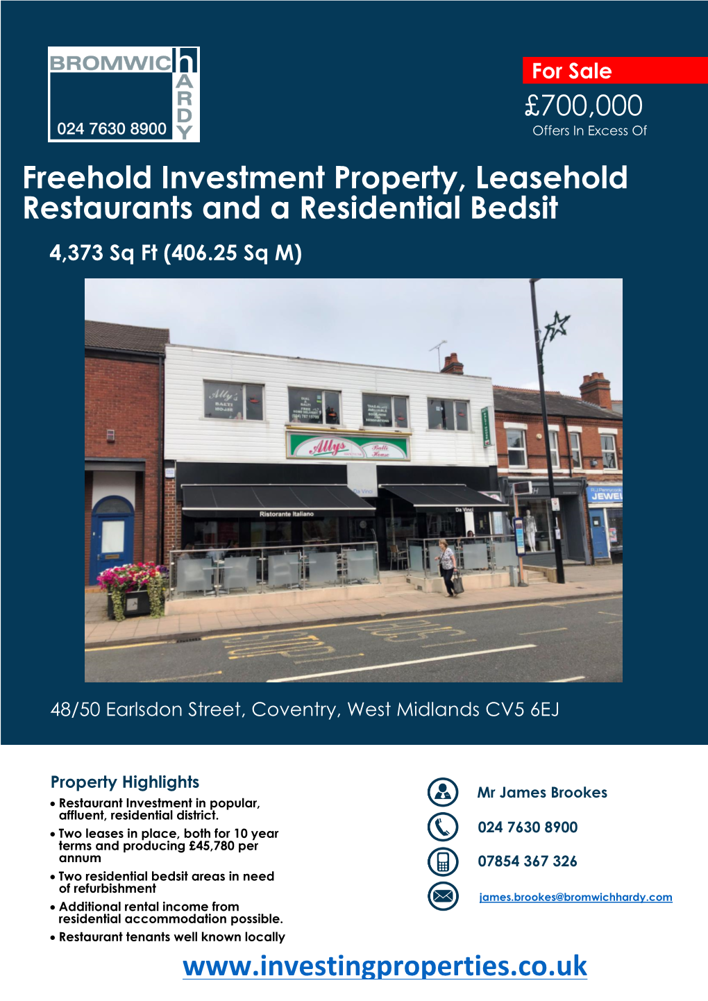 Freehold Investment Property, Leasehold Restaurants and a Residential Bedsit