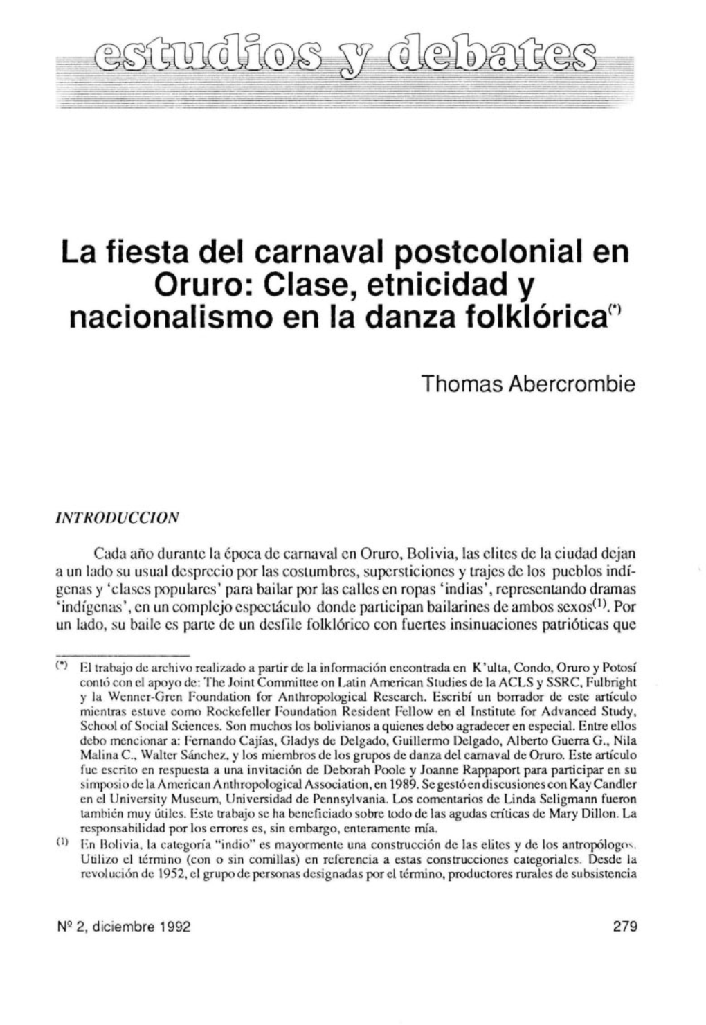 La Fiesta Del Carnaval Postcolonial En Oruro: Clase, Etnicidad Y