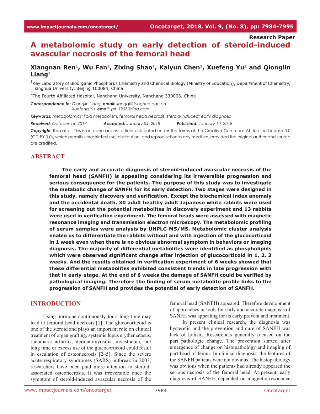 A Metabolomic Study on Early Detection of Steroid-Induced Avascular Necrosis of the Femoral Head