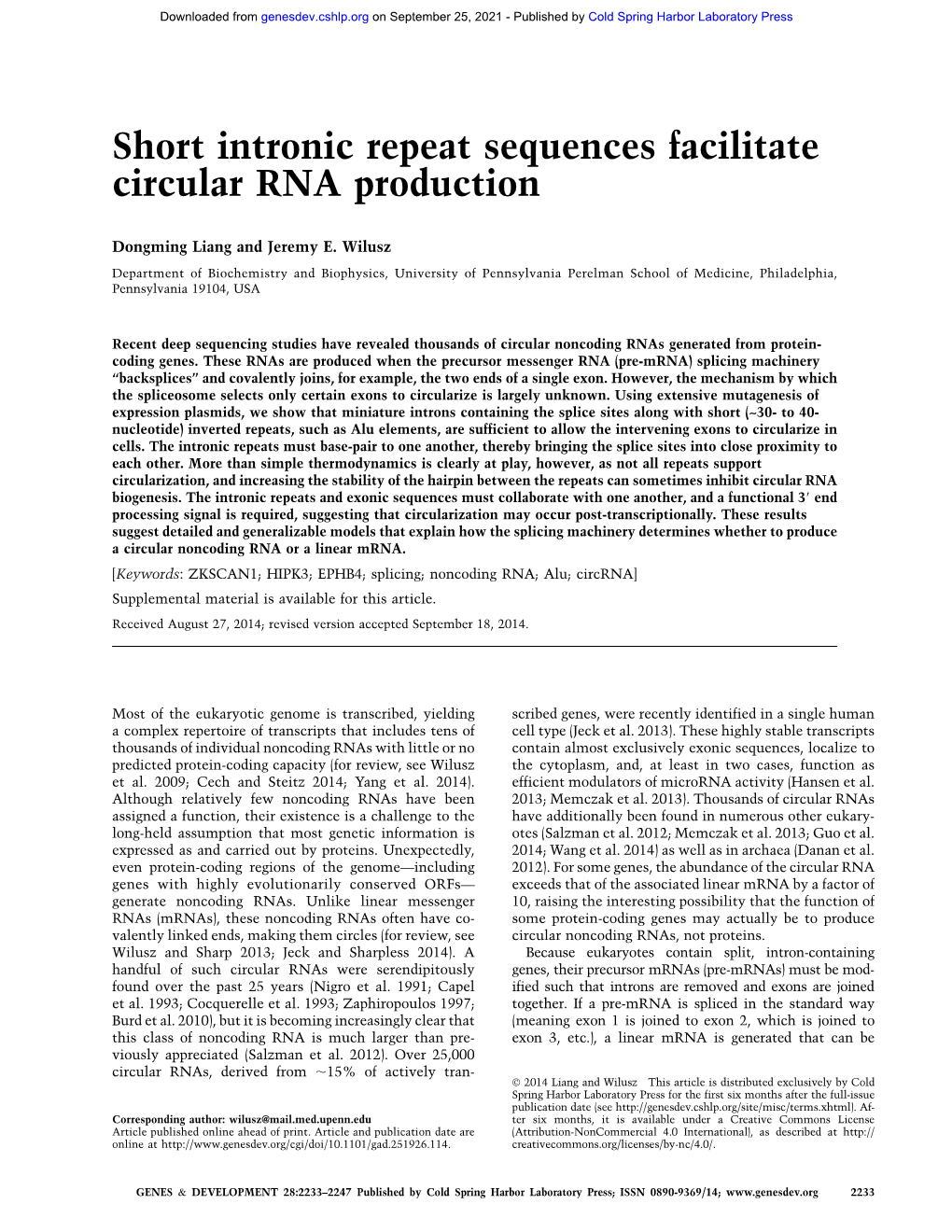 Short Intronic Repeat Sequences Facilitate Circular RNA Production