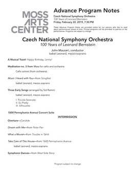 Advance Program Notes Czech National Symphony Orchestra 100 Years of Leonard Bernstein Friday, February 22, 2019, 7:30 PM