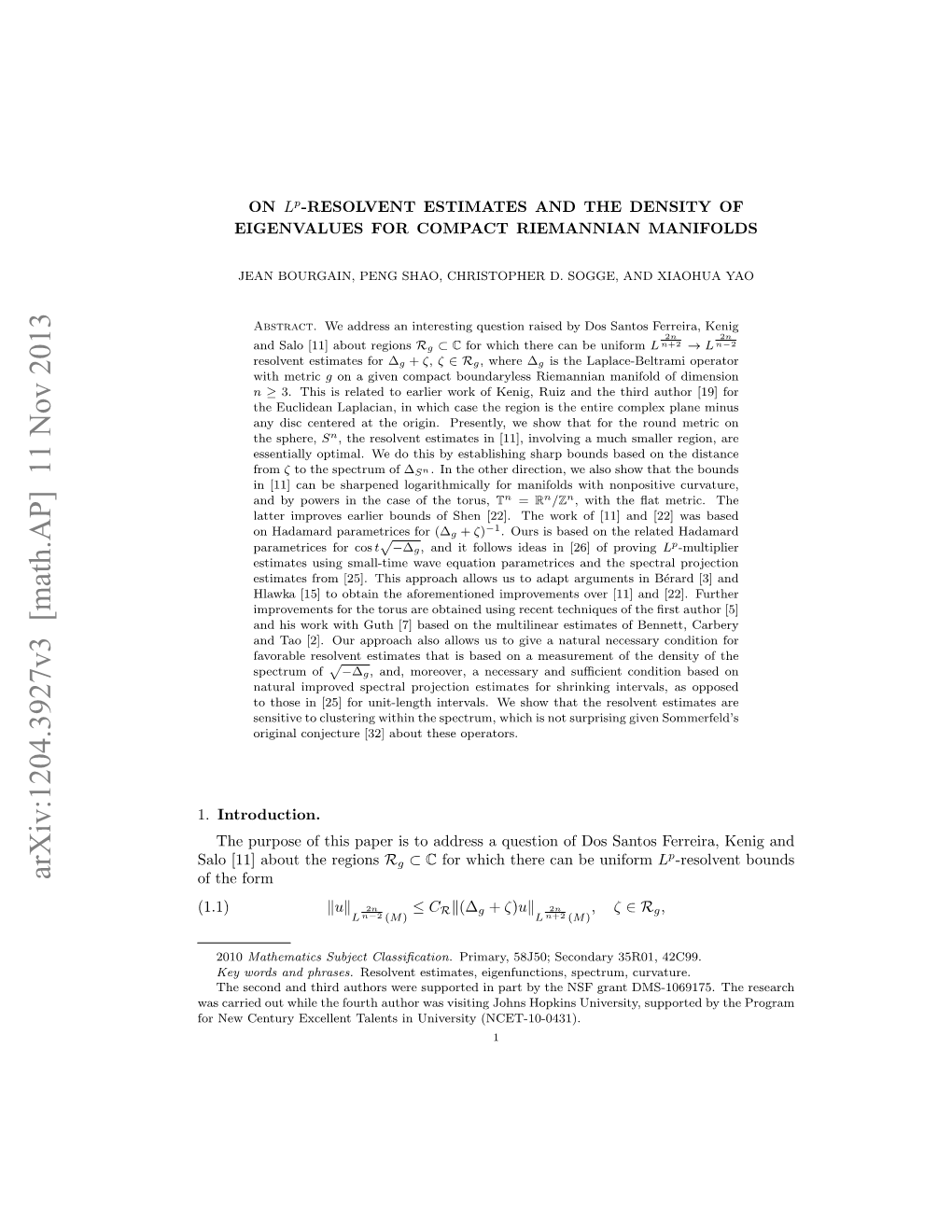 On $ L^ P $-Resolvent Estimates and the Density of Eigenvalues for Compact Riemannian Manifolds