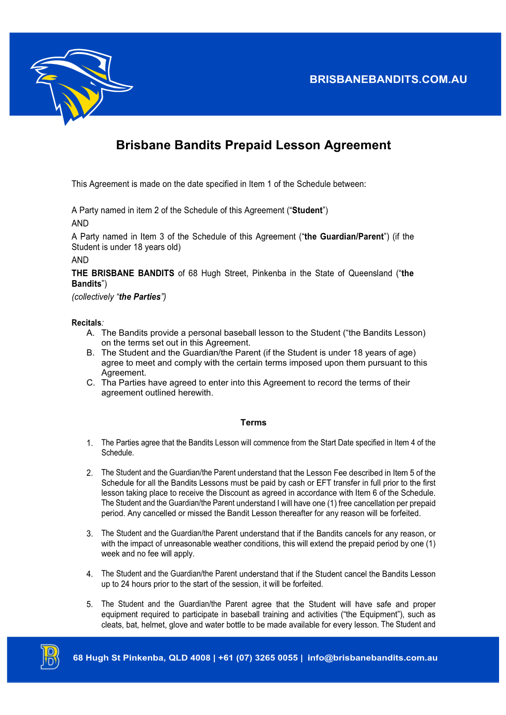 Brisbane Bandits Prepaid Lesson Agreement