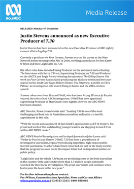 Justin Stevens Announced As New Executive Producer of 7.30
