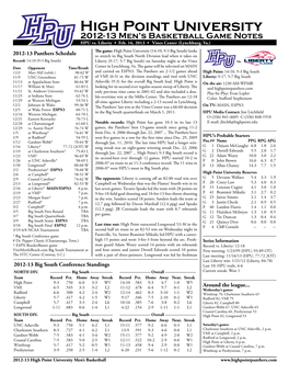 2012-13 High Point University Men's Basketball Roster
