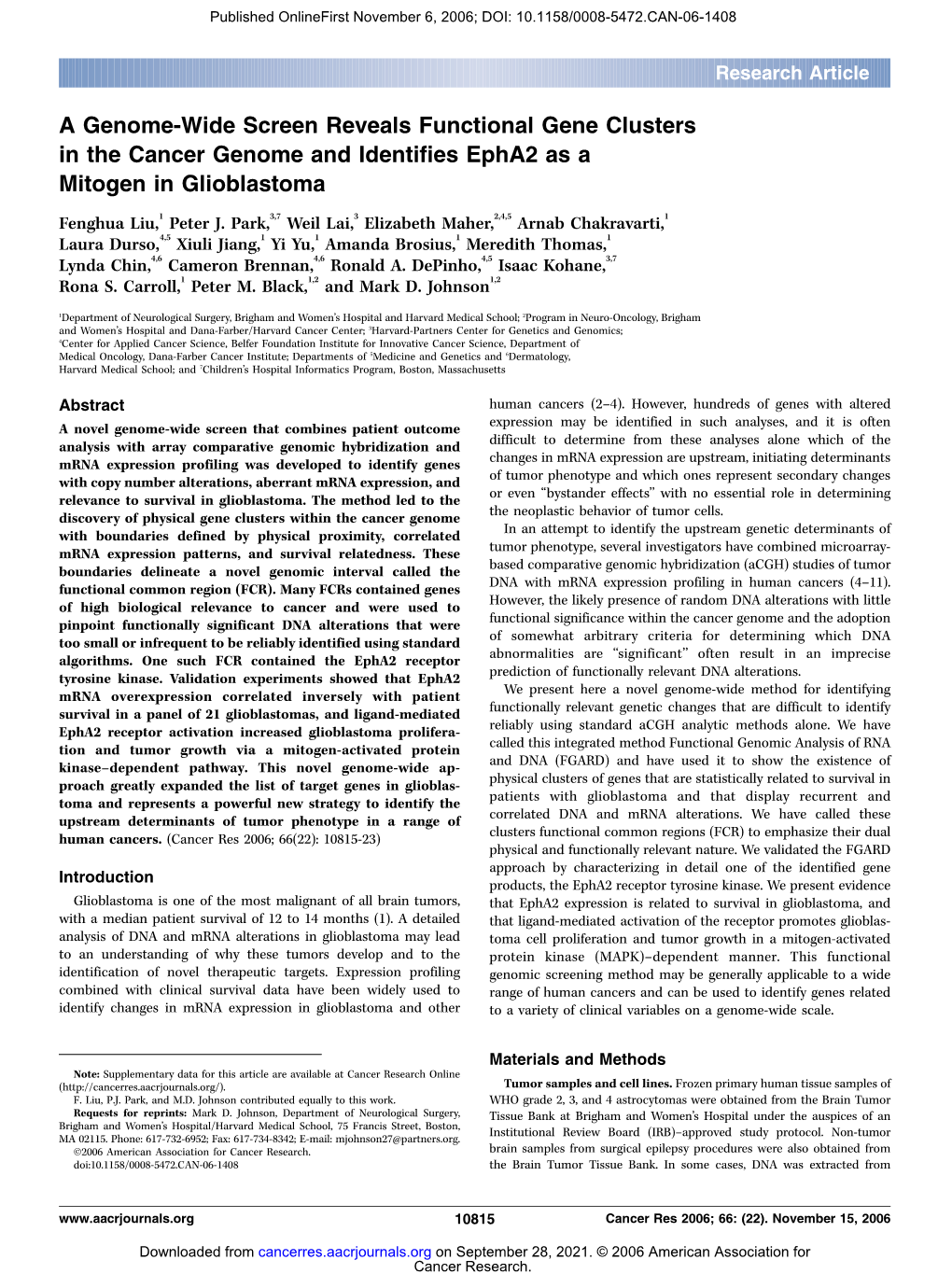 A Genome-Wide Screen Reveals Functional Gene Clusters in the Cancer Genome and Identifies Epha2 As a Mitogen in Glioblastoma