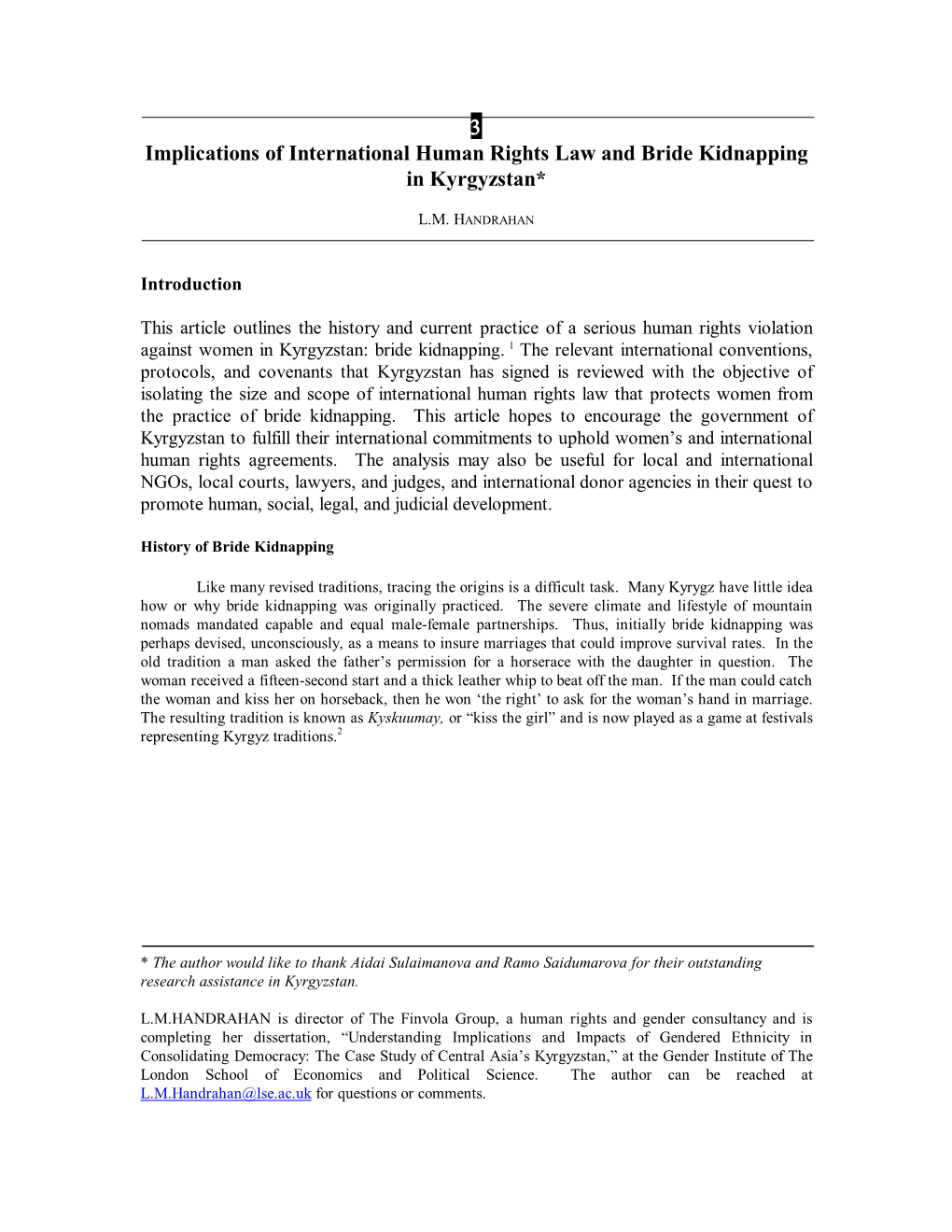 3 Implications of International Human Rights Law and Bride Kidnapping in Kyrgyzstan*