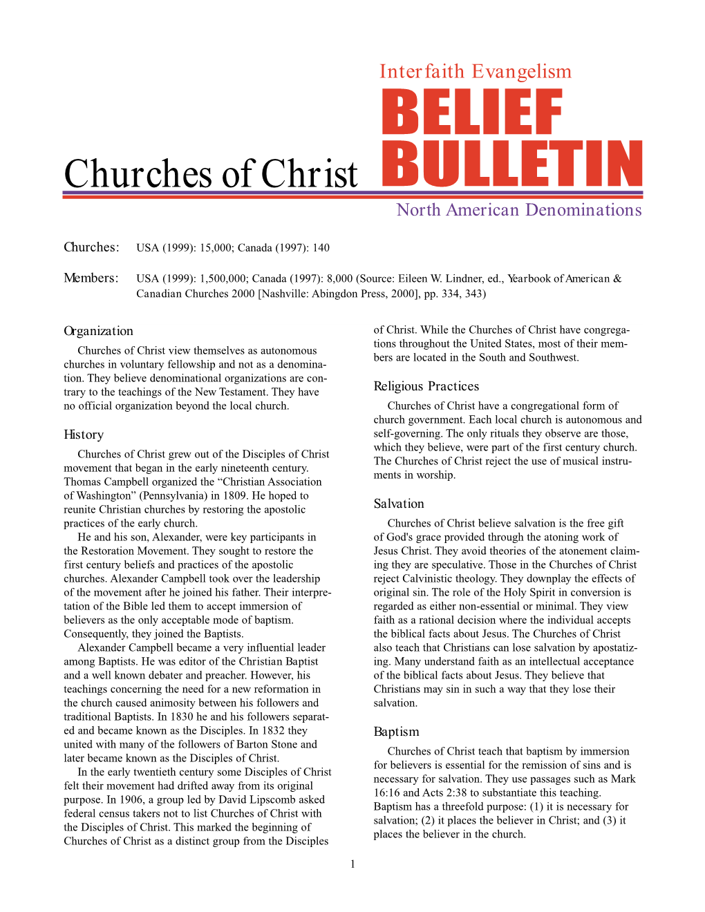 Churches of Christ BULLETIN North American Denominations