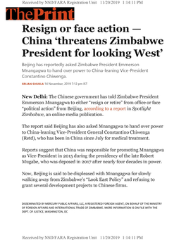 China ‘Threatens Zimbabwe President for Looking West’