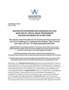 Washington Performing Arts Announces Fall 2020 Mars Arts Dc: Virtual Online Programming Focusing on Breadth of Dc Arts Scene
