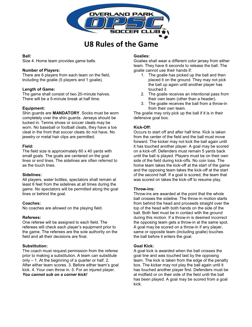 U8 Rules of the Game