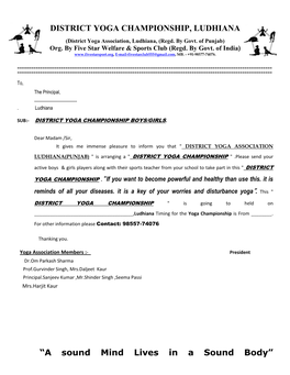 DISTRICT YOGA CHAMPIONSHIP, LUDHIANA (District Yoga Association, Ludhiana, (Regd