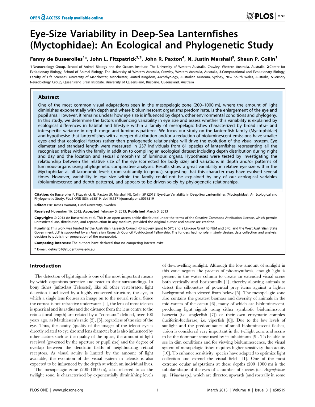 (Myctophidae): an Ecological and Phylogenetic Study