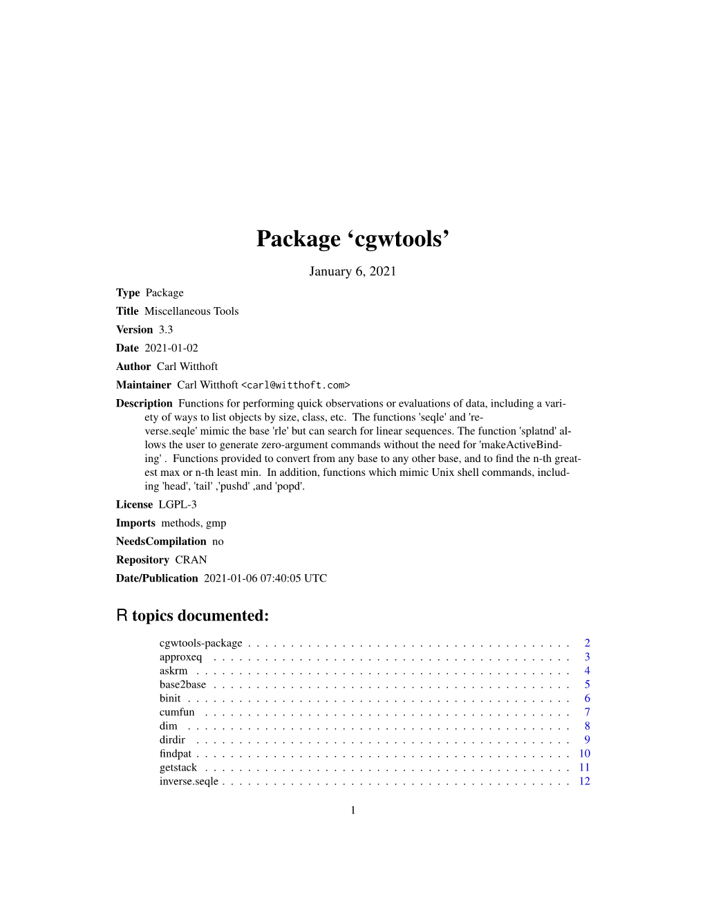 Package 'Cgwtools'