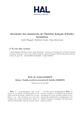 Inventaire Des Manuscrits De L'institut Français D'études Byzantines