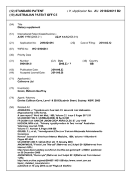 (12) STANDARD PATENT (11) Application No. AU 2010224615 B2 (19) AUSTRALIAN PATENT OFFICE