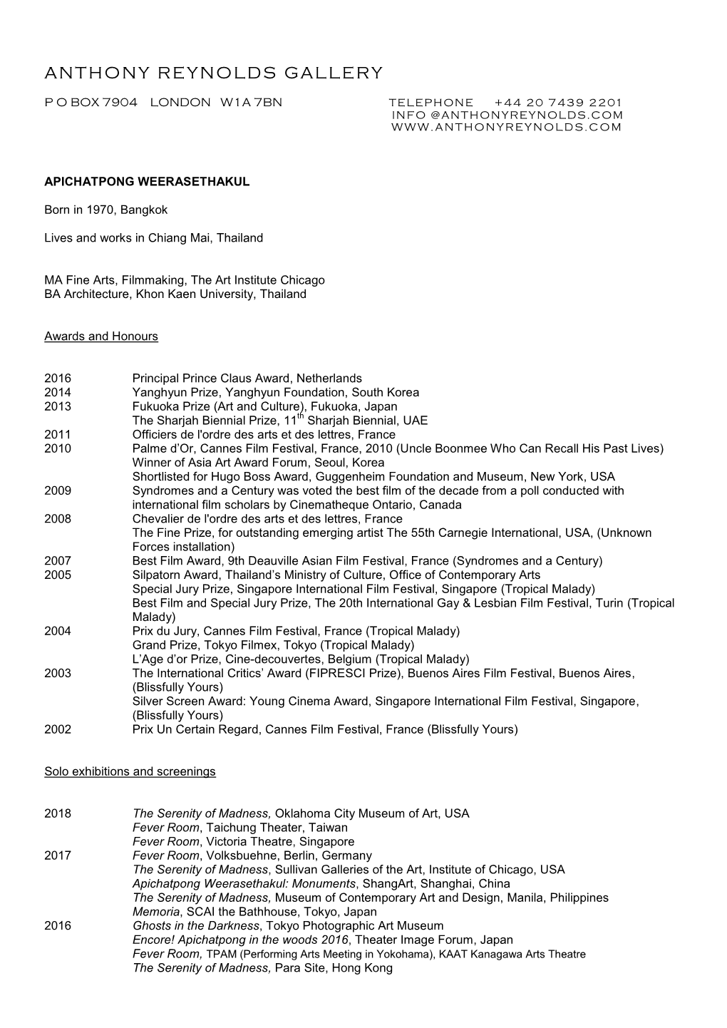 Apichatpong Weerasethakul CV