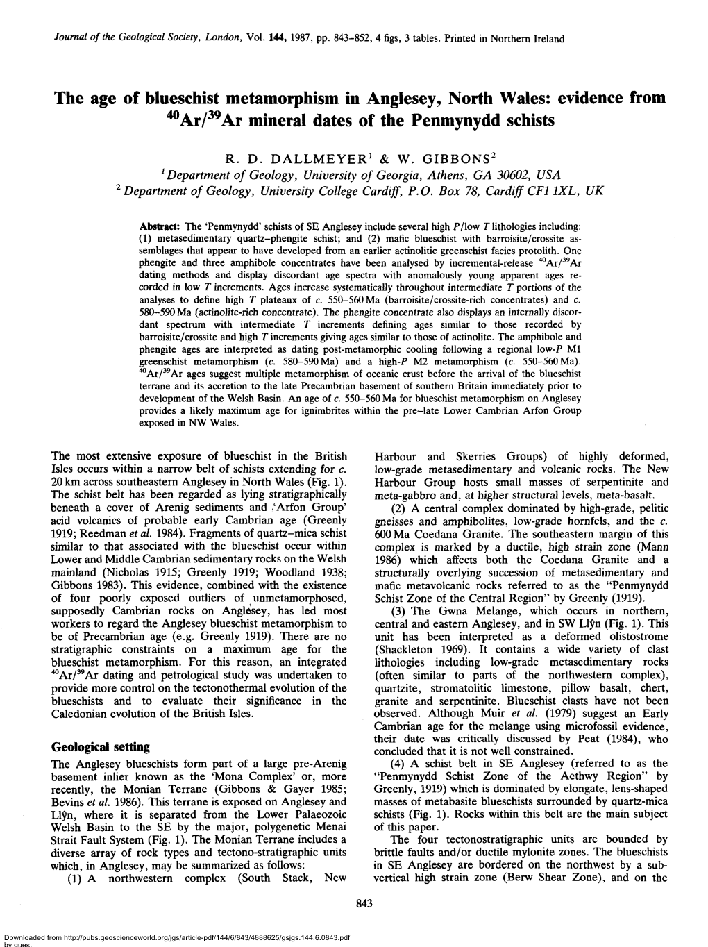 The Age of Blueschist Metamorphism in Anglesey, North Wales: Evidence from 40Ar/39Armineral Dates of the Penmynydd Schists