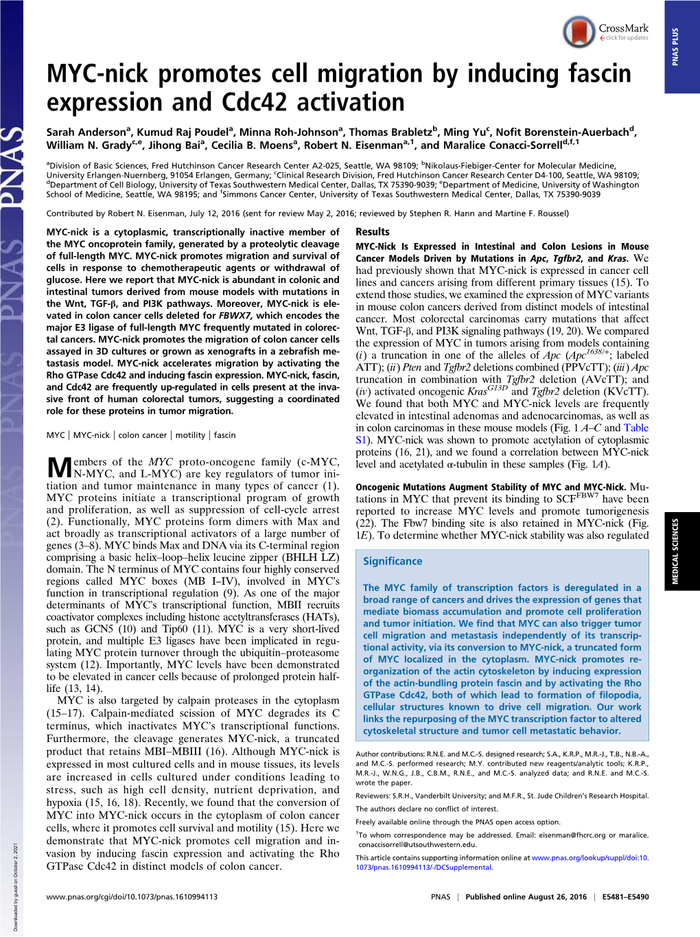 MYC-Nick Promotes Cell Migration by Inducing Fascin Expression and Cdc42 Activation