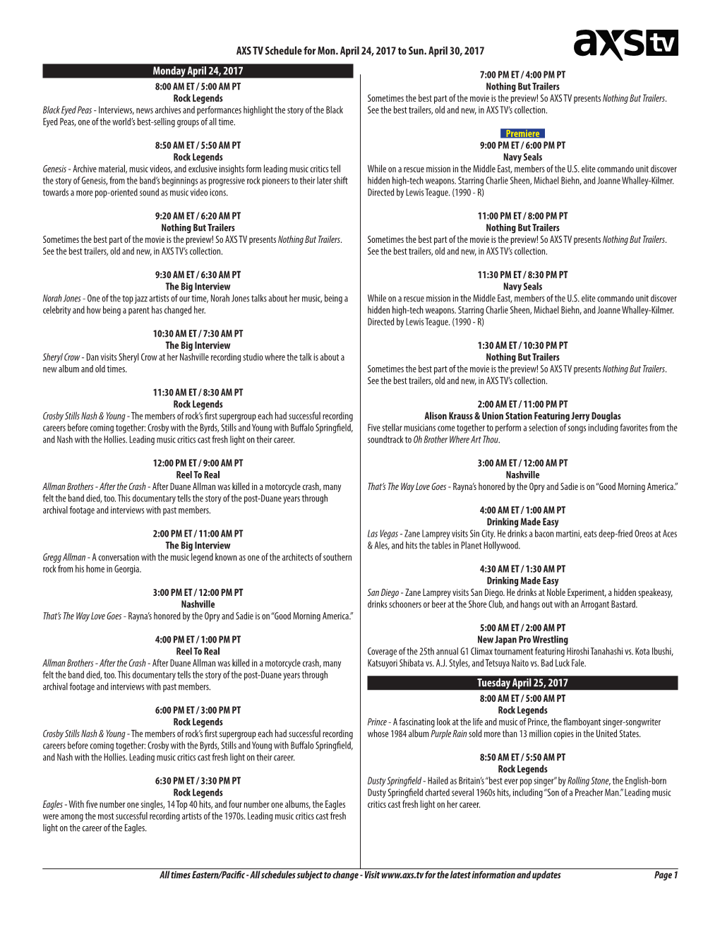 AXS TV Schedule for Mon. April 24, 2017 to Sun. April 30, 2017 Monday