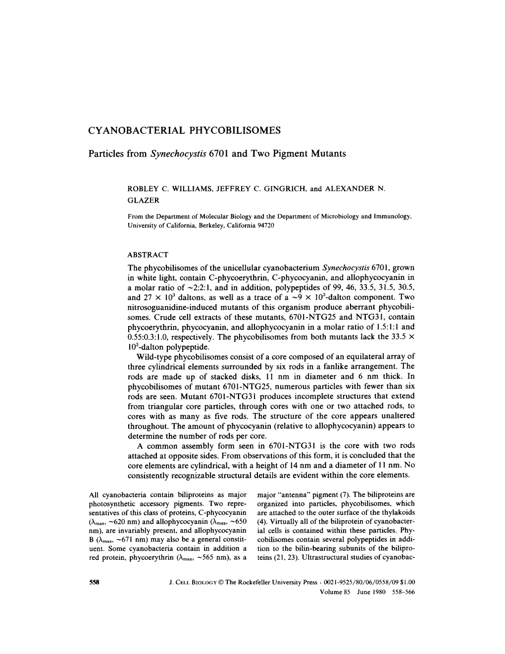 CYANOBACTERIAL PHYCOBILISOMES Particles from Synechocystis 6701 and Two Pigment Mutants