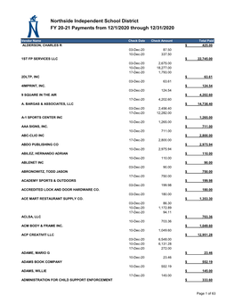 Northside Independent School District FY 20-21 Payments from 12/1/2020 Through 12/31/2020