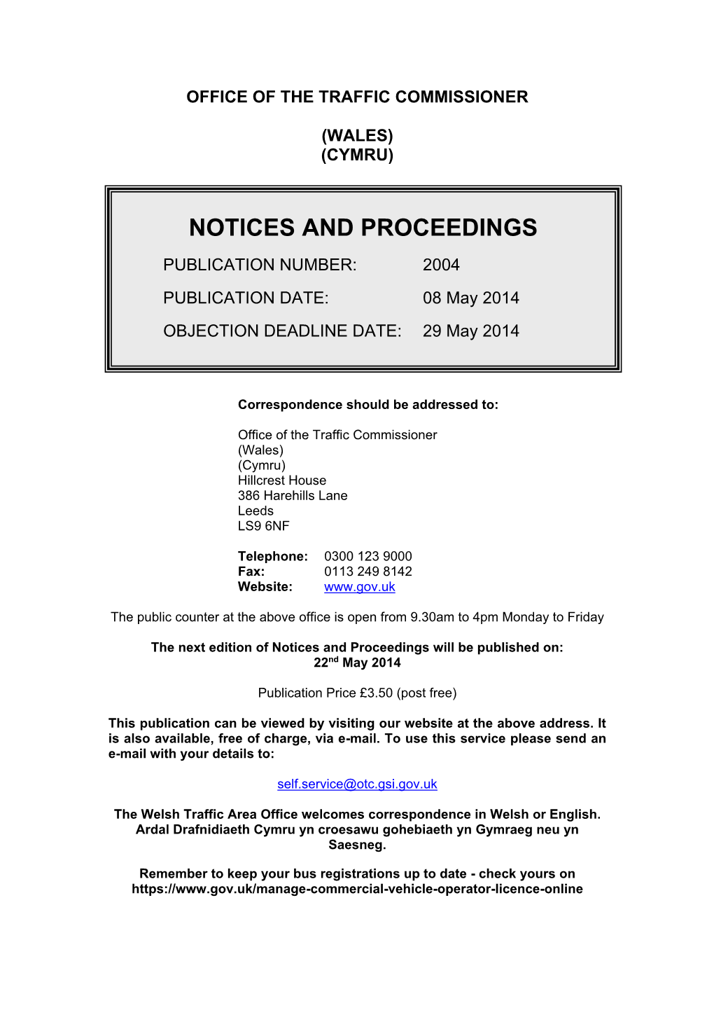 Notices and Proceedings: Wales: 8 May 2014