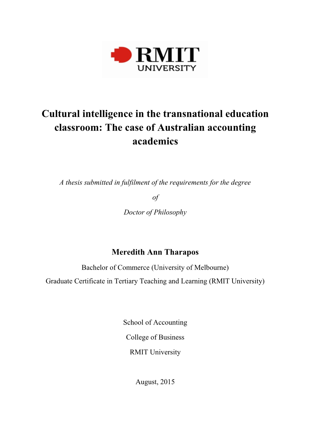 Cultural Intelligence in the Transnational Education Classroom: the Case of Australian Accounting