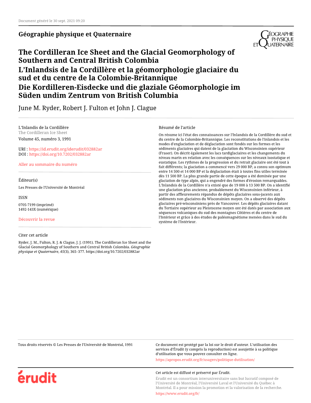 The Cordilleran Ice Sheet and the Glacial Geomorphology of Southern