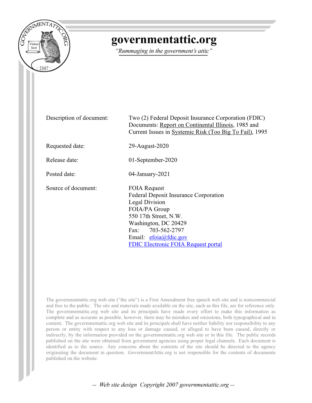 Two (2) Federal Deposit Insurance Corporation (FDIC) Documents: Report on Continental Illinois, 1985 and Current Issues in Systemic Risk (Too Big to Fail), 1995