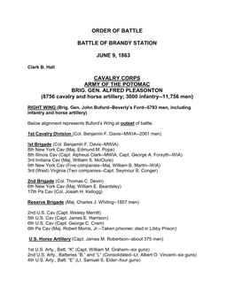 Order of Battle Battle of Brandy Station June 9, 1863