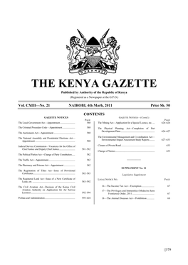 THE KENYA GAZETTE Published by Authority of the Republic of Kenya (Registered As a Newspaper at the G.P.O.)