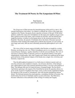 Paul Epstein, the Treatment of Poetry in the Symposium of Plato