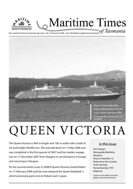 Queen Victoria Departing Hobart Following Her ﬁ Rst Visit to Our Shores, February 2009