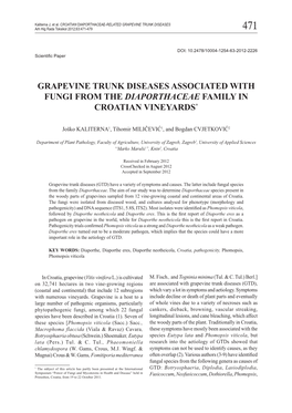 Grapevine Trunk Diseases Associated with Fungi from the Diaporthaceae Family in Croatian Vineyards*