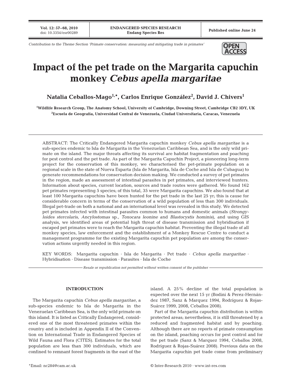 Impact of the Pet Trade on the Margarita Capuchin Monkey Cebus Apella Margaritae