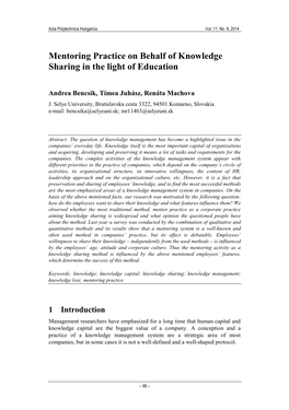 Mentoring Practice on Behalf of Knowledge Sharing in the Light of Education