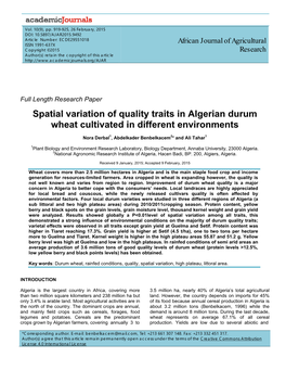 Spatial Variation of Quality Traits in Algerian Durum Wheat Cultivated in Different Environments