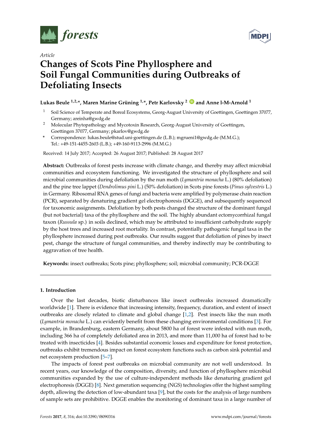 Changes of Scots Pine Phyllosphere and Soil Fungal Communities During Outbreaks of Defoliating Insects