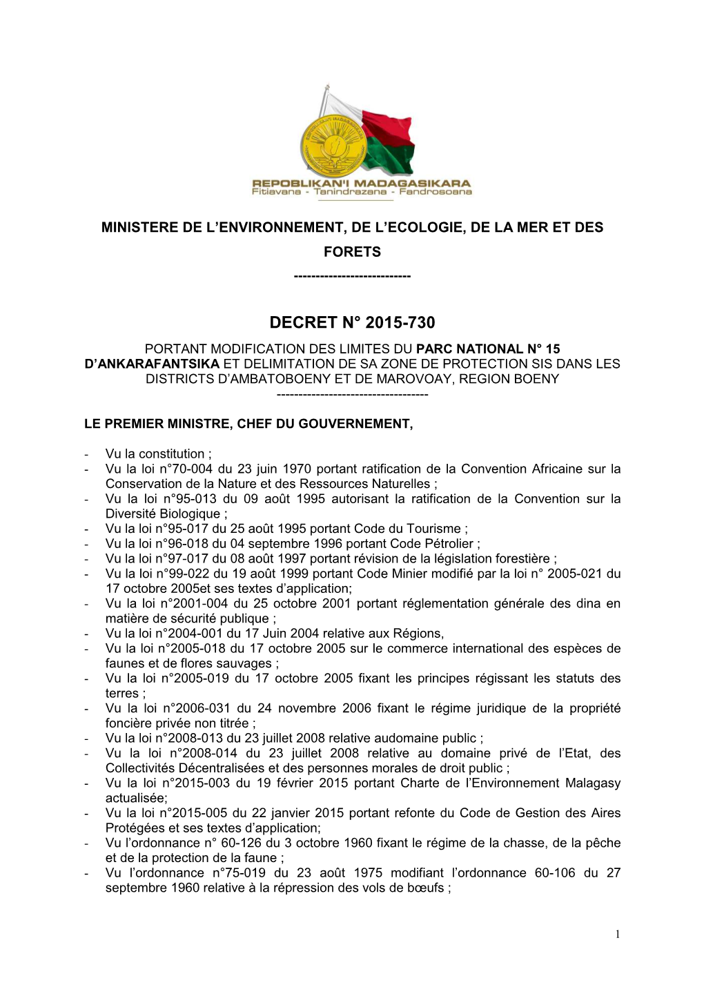 Decret N°2015-730 Du 21 Avril 2015- Parc National D