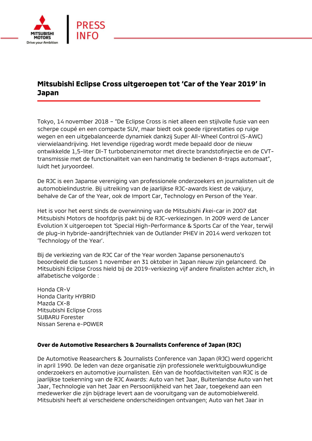 Mitsubishi Eclipse Cross Uitgeroepen Tot 'Car of the Year 2019' in Japan