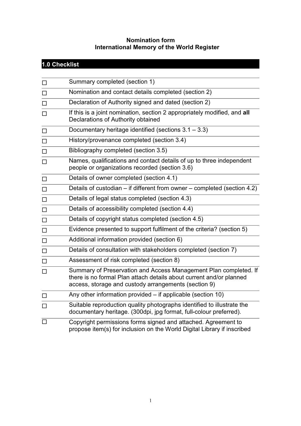 Nomination Form International Memory of the World Register