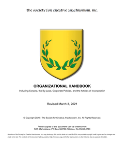 ORGANIZATIONAL HANDBOOK Including Corpora, the By-Laws, Corporate Policies, and the Articles of Incorporation