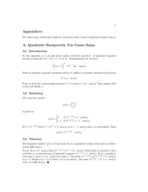 Appendices A. Quadratic Reciprocity Via Gauss Sums