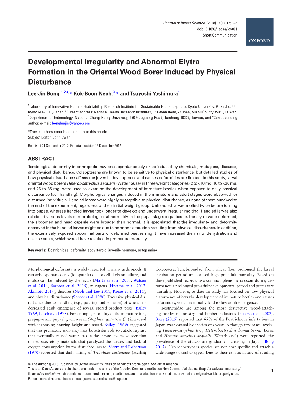 Developmental Irregularity and Abnormal Elytra Formation in the Oriental Wood Borer Induced by Physical Disturbance