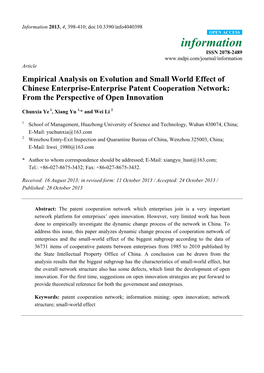 Empirical Analysis on Evolution and Small World Effect of Chinese Enterprise-Enterprise Patent Cooperation Network: from the Perspective of Open Innovation