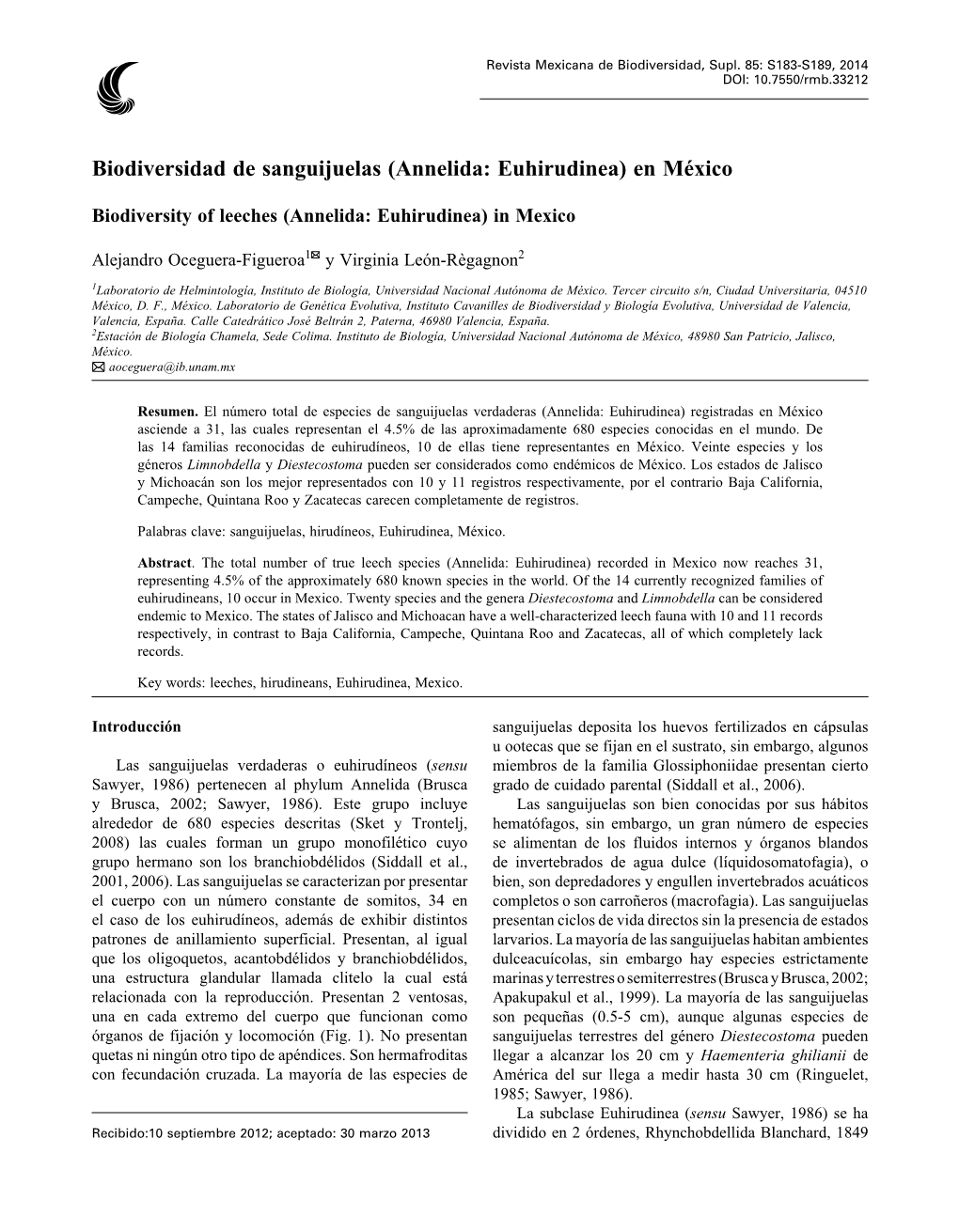 Biodiversidad De Sanguijuelas (Annelida: Euhirudinea) En México