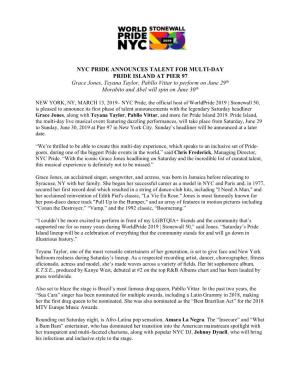 Nyc Pride Announces Talent for Multi-Day Pride Island