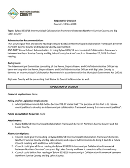 Bylaw B338/18 Intermunicipal Collaboration Framework Between Northern Sunrise County and Big Lakes County