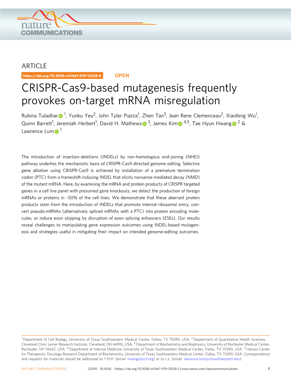 CRISPR-Cas9-Based Mutagenesis Frequently Provokes On-Target Mrna Misregulation